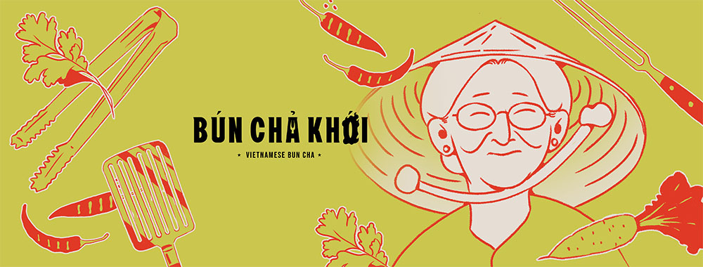 Bun Cha Khoi grandma banner for Bun Cha restaurat in Tay Ho, Hanoi, Vietnam.